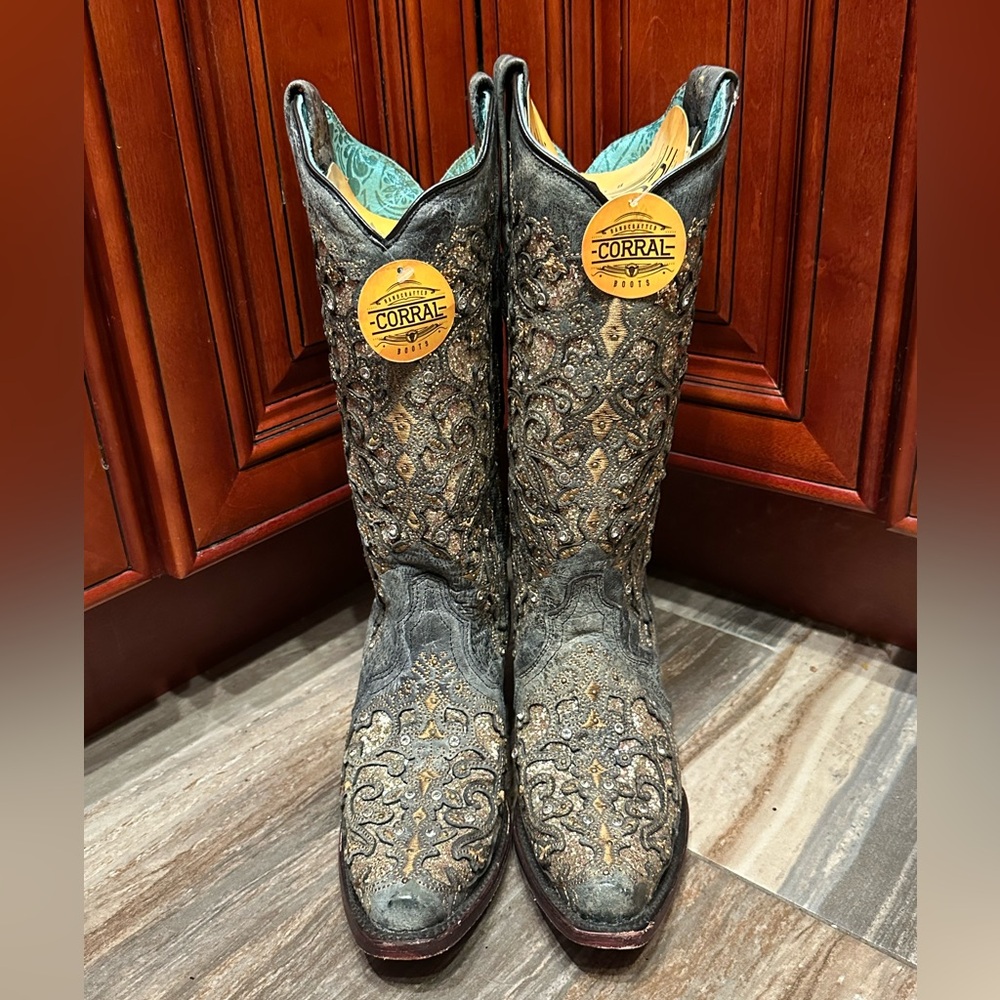 Corral A4231 Gray Gold Glitter Crystal Rhinestone Cowboy Boots Cowgirl Rodeo - Picture 5 of 9